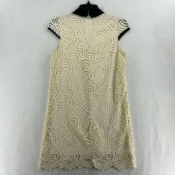Zara Shift Dress Sz Small Beige Black Collar Short Sleeve High Neck Lace Lined - Picture 2 of 14